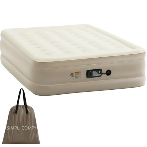 Simpli Comfy Inflatable Queen Air Mattress with Built in Pump Self Inflating Blow Up Durable Heavy Duty Stay Firm Comfortable Air Bed 18” Elevated for Home Guest Travel Relocate Camping - Simpli Comfy Inflatable Air Mattress