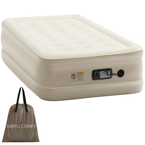 Simpli Comfy Inflatable Twin Air Mattress with Built in Pump Self Inflating Blow Up Durable Heavy Duty Stay Firm Comfortable Air Bed 18” Elevated for Home Guest Travel Relocate Camping - Simpli Comfy Inflatable Air Mattress